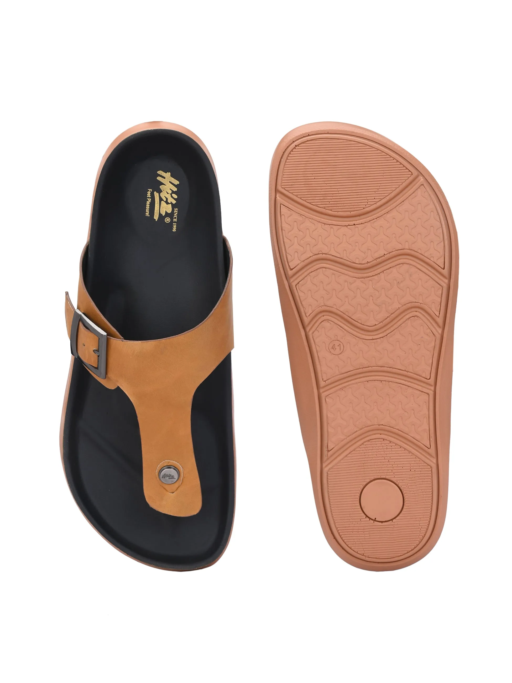 Hitz Men's Tan Leather Daily Wear Buckle Slipper