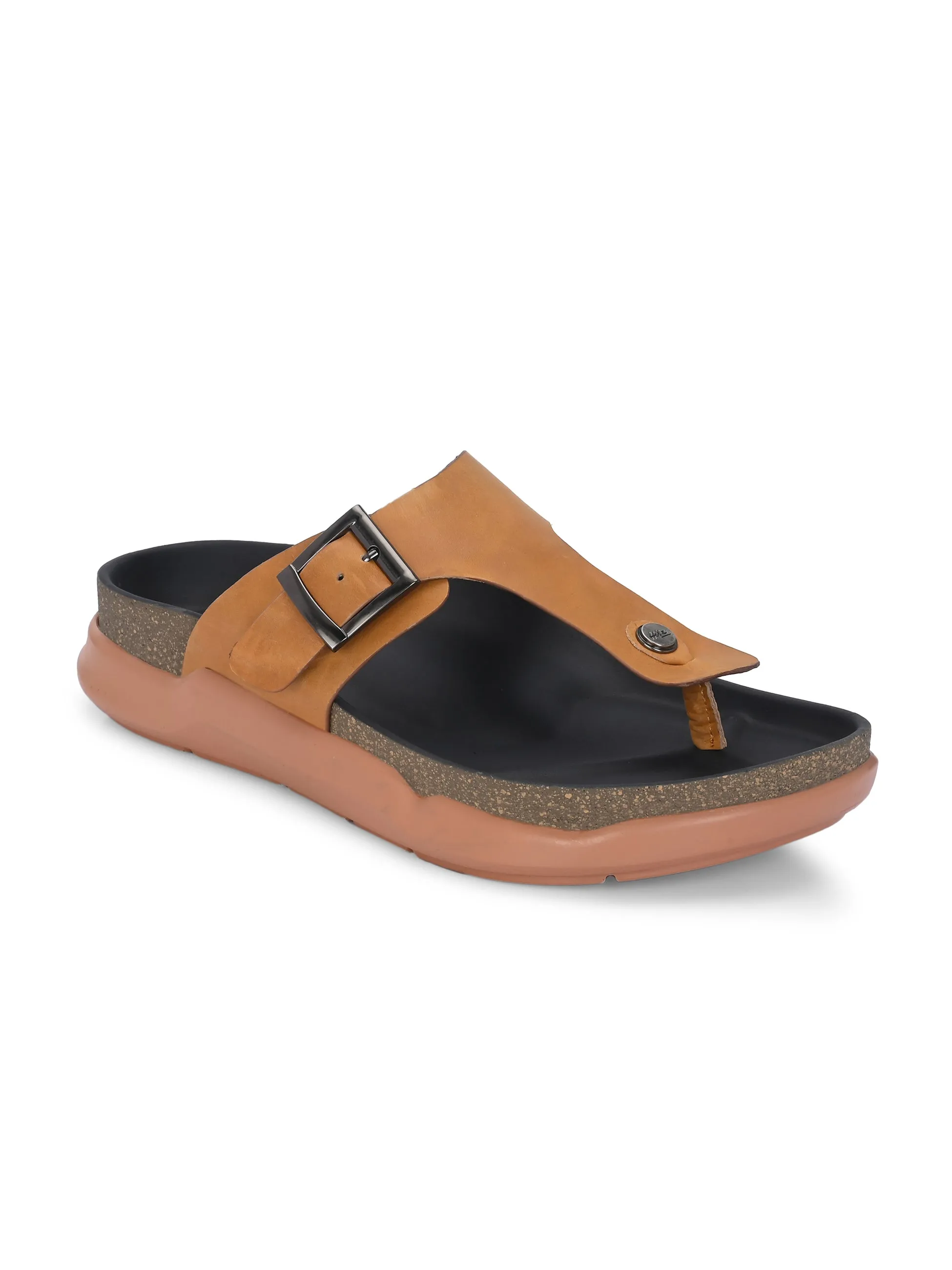 Hitz Men's Tan Leather Daily Wear Buckle Slipper