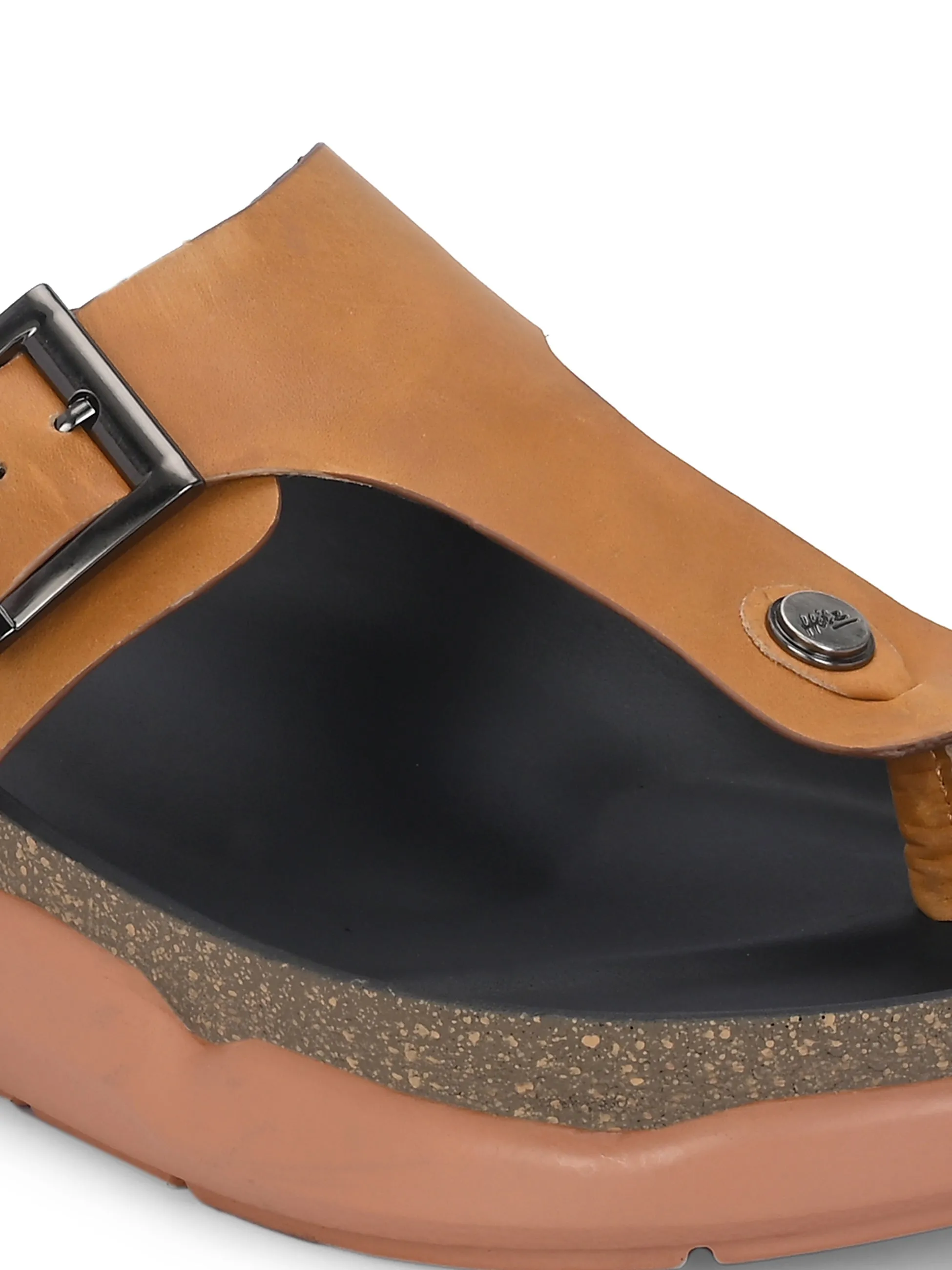 Hitz Men's Tan Leather Daily Wear Buckle Slipper