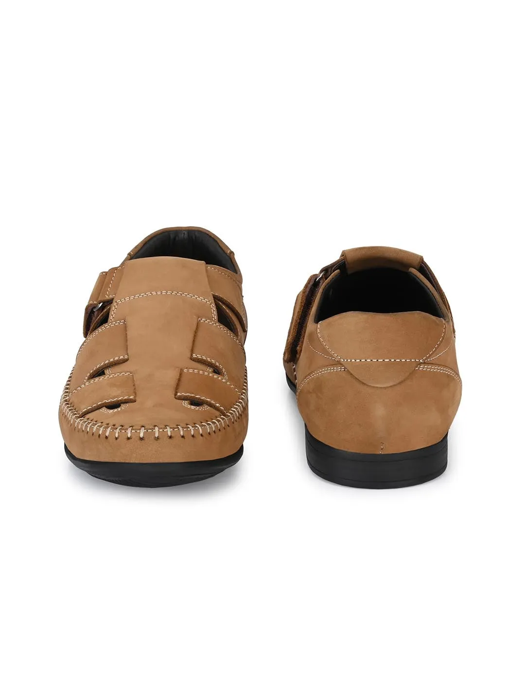 Hitz Men's Tan Leather with Velcro closure Sandal Style Shoes