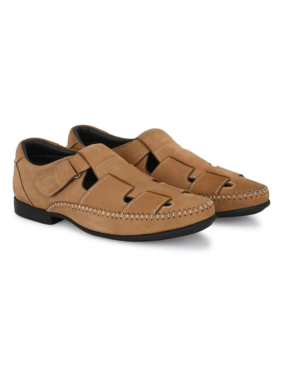 Hitz Men's Tan Leather with Velcro closure Sandal Style Shoes