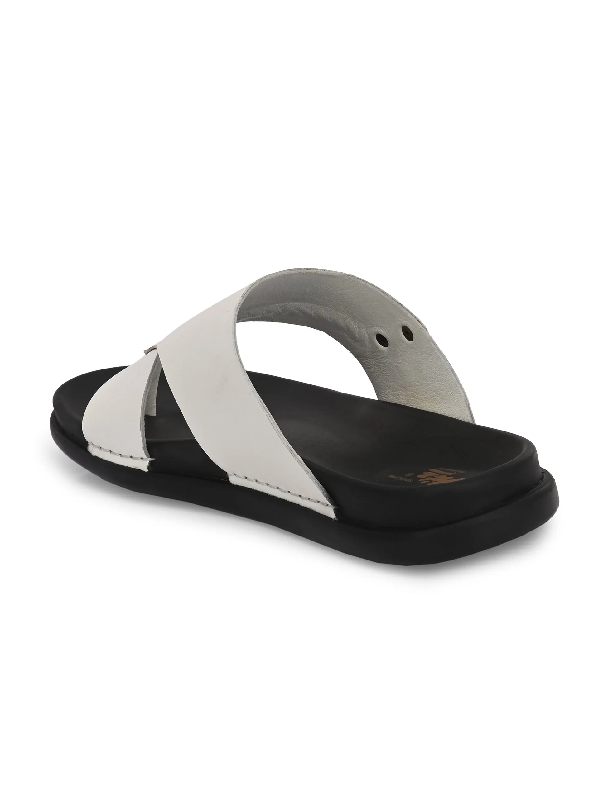 Hitz Men's White Leather Toe Ring Casual Slippers