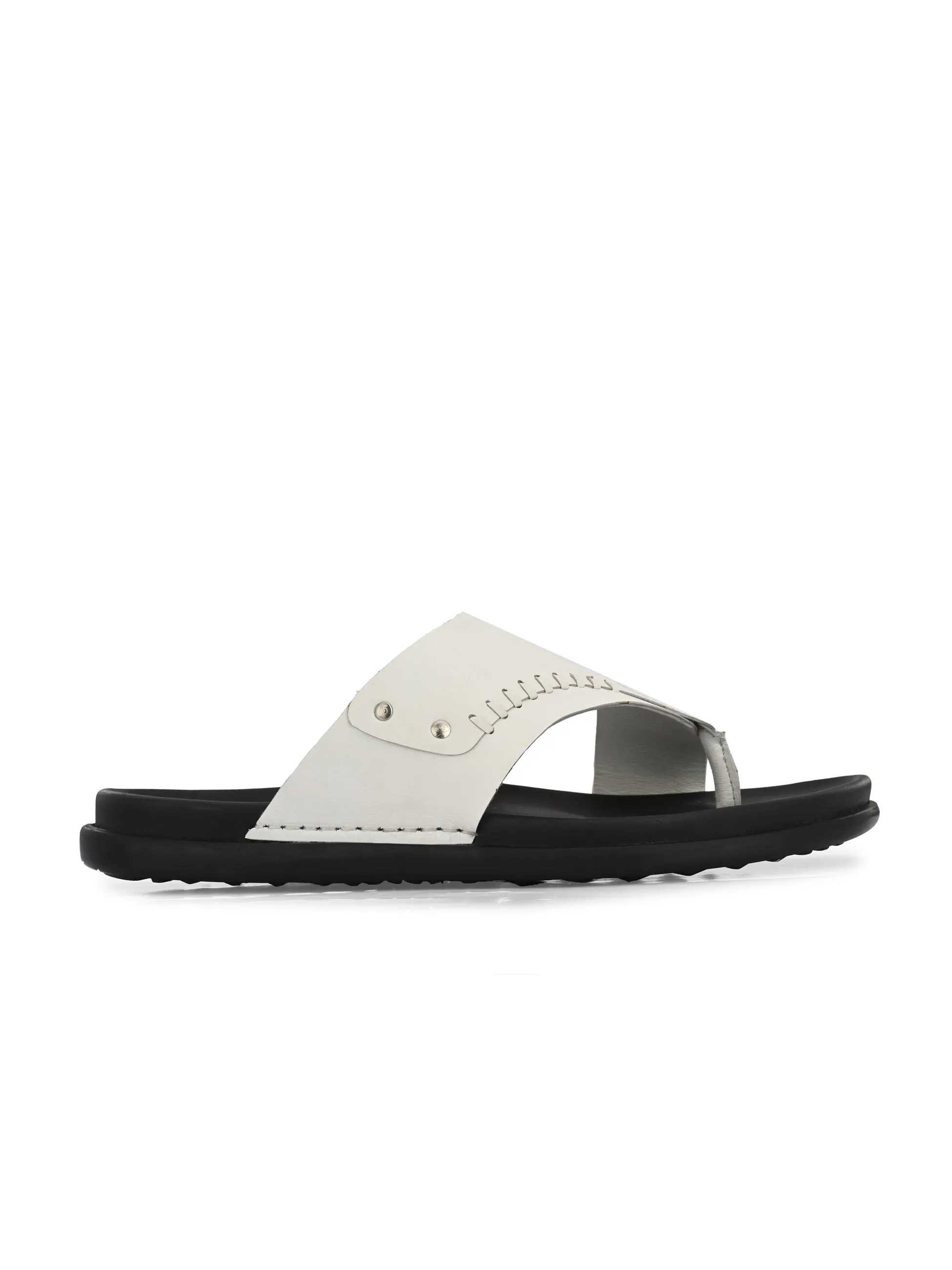 Hitz Men's White Leather Toe Ring Casual Slippers