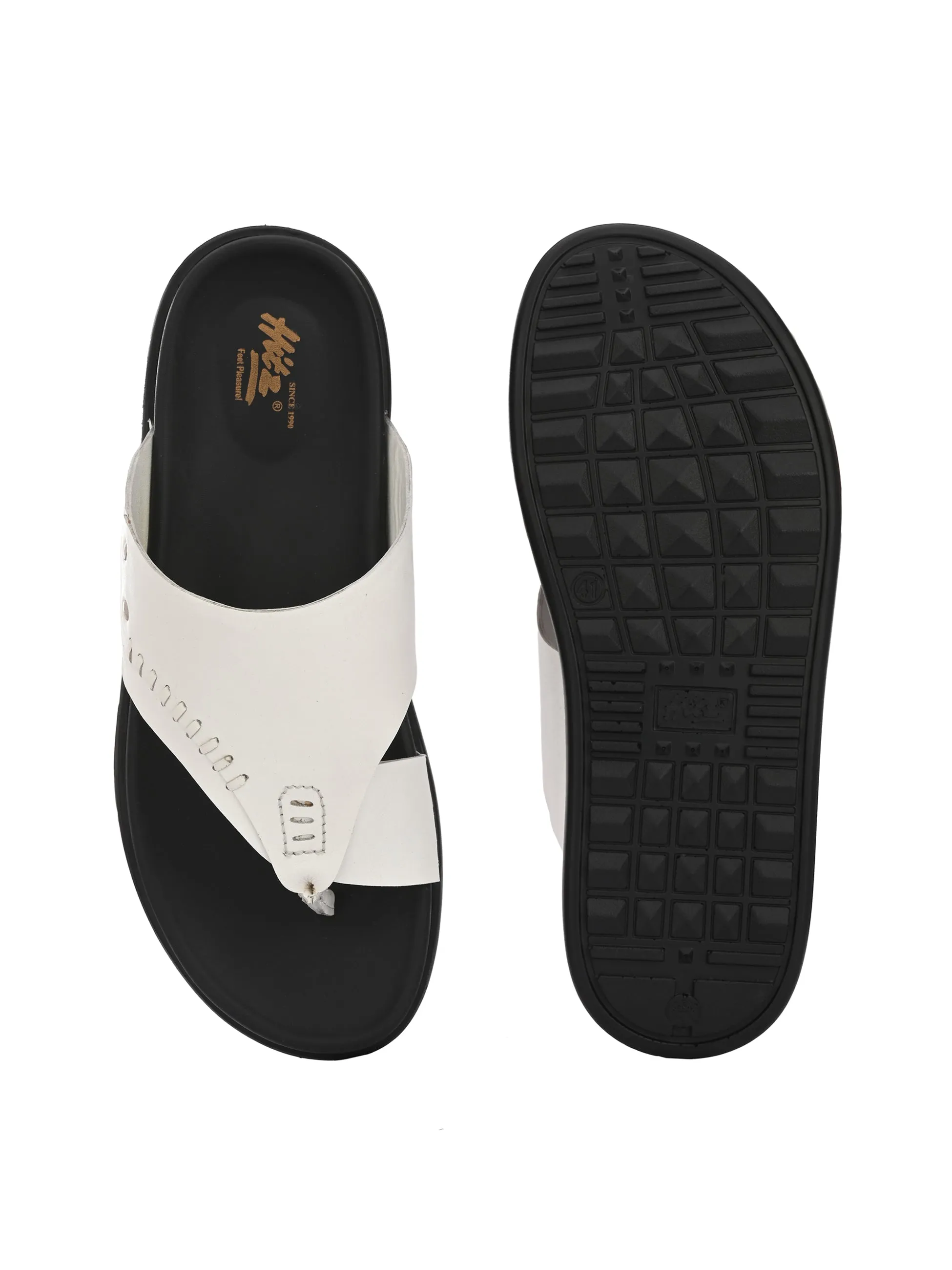 Hitz Men's White Leather Toe Ring Casual Slippers