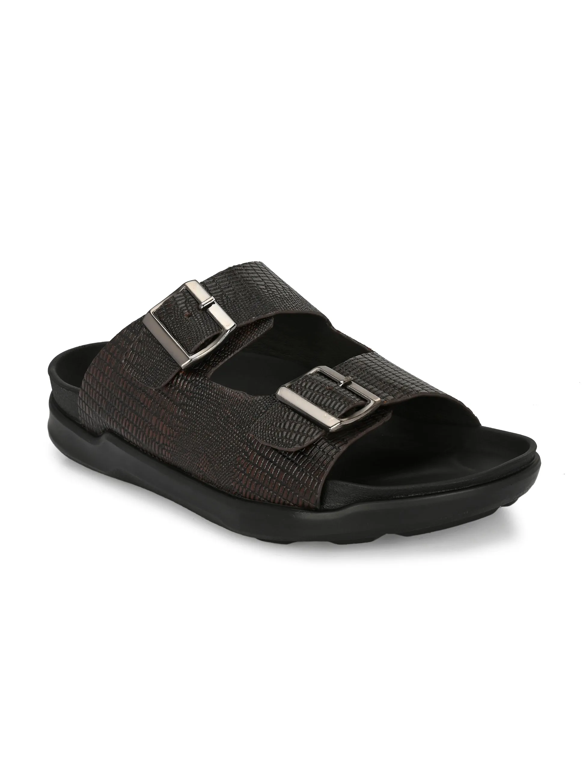 HITZ0026 Men's Brown Leather Daily Wear Buckle Slipper