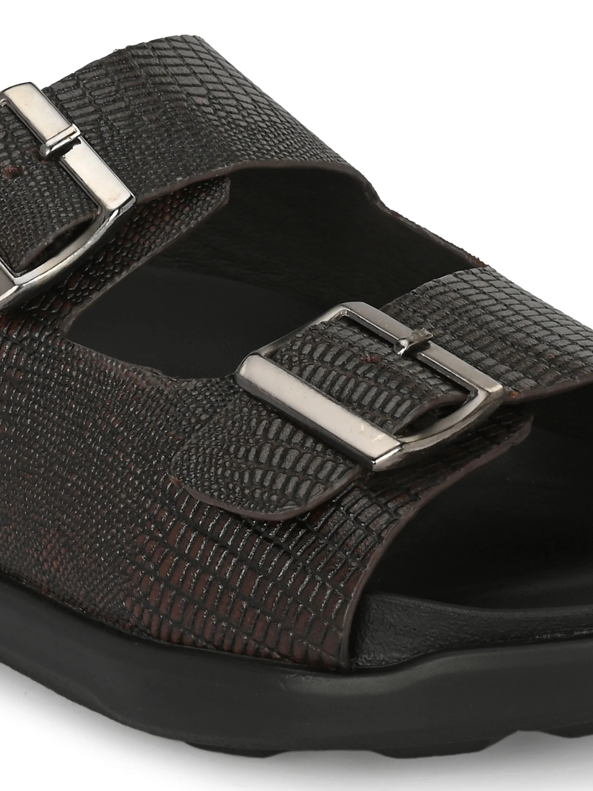 HITZ0026 Men's Brown Leather Daily Wear Buckle Slipper