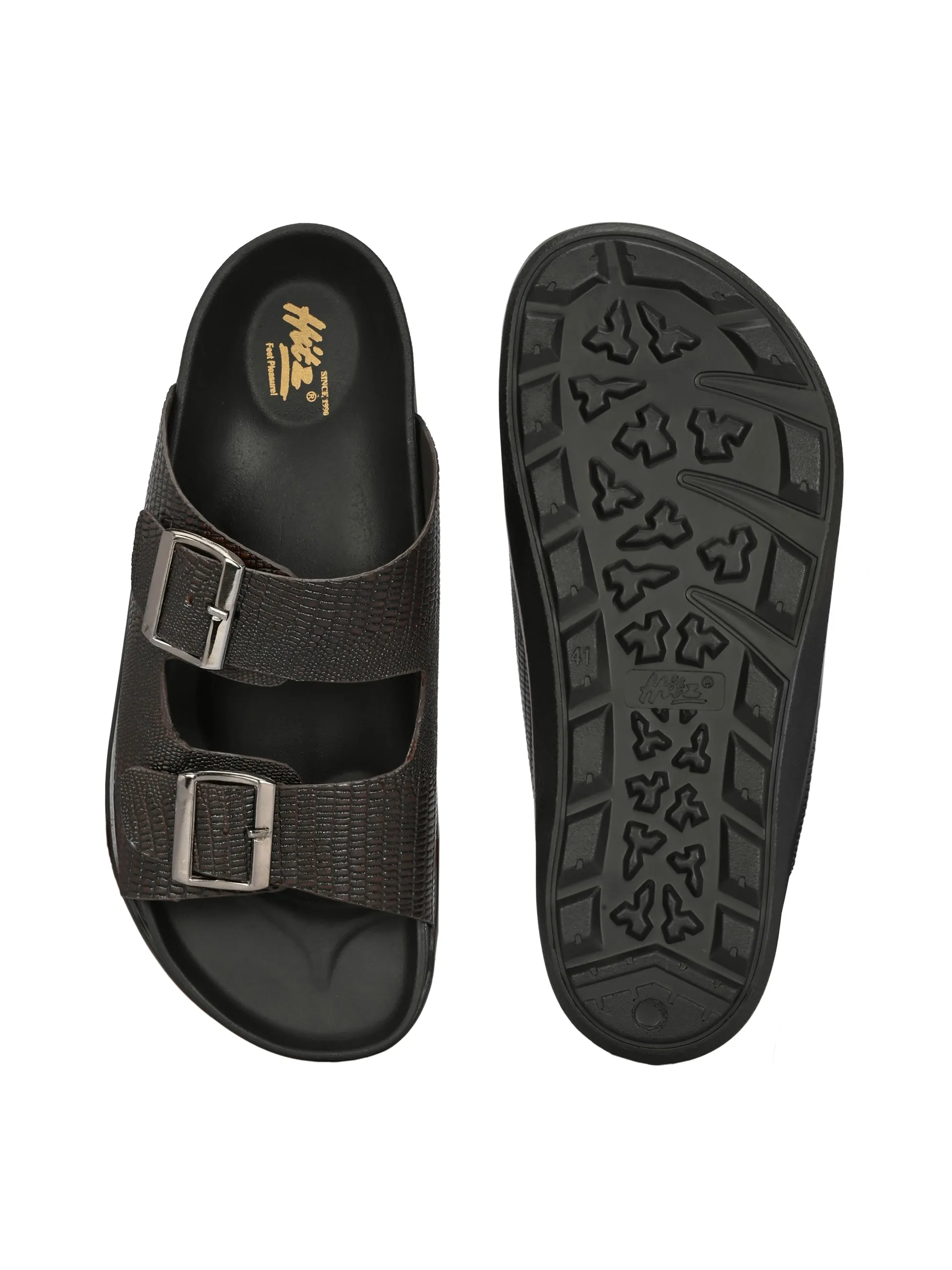 HITZ0026 Men's Brown Leather Daily Wear Buckle Slipper