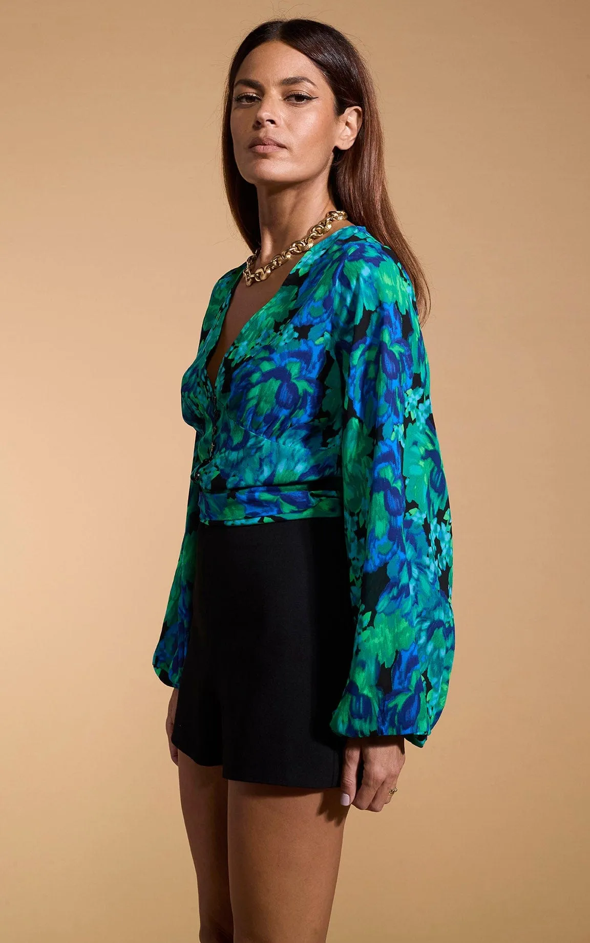 Joanie Tie Top In Blue & Green Floral