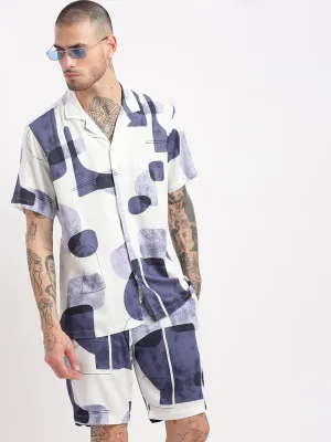 Men Abstract Cuban Collar White Co-Ords Set