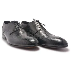 Men Black Derby Leather Shoes with Crocodile Pattern