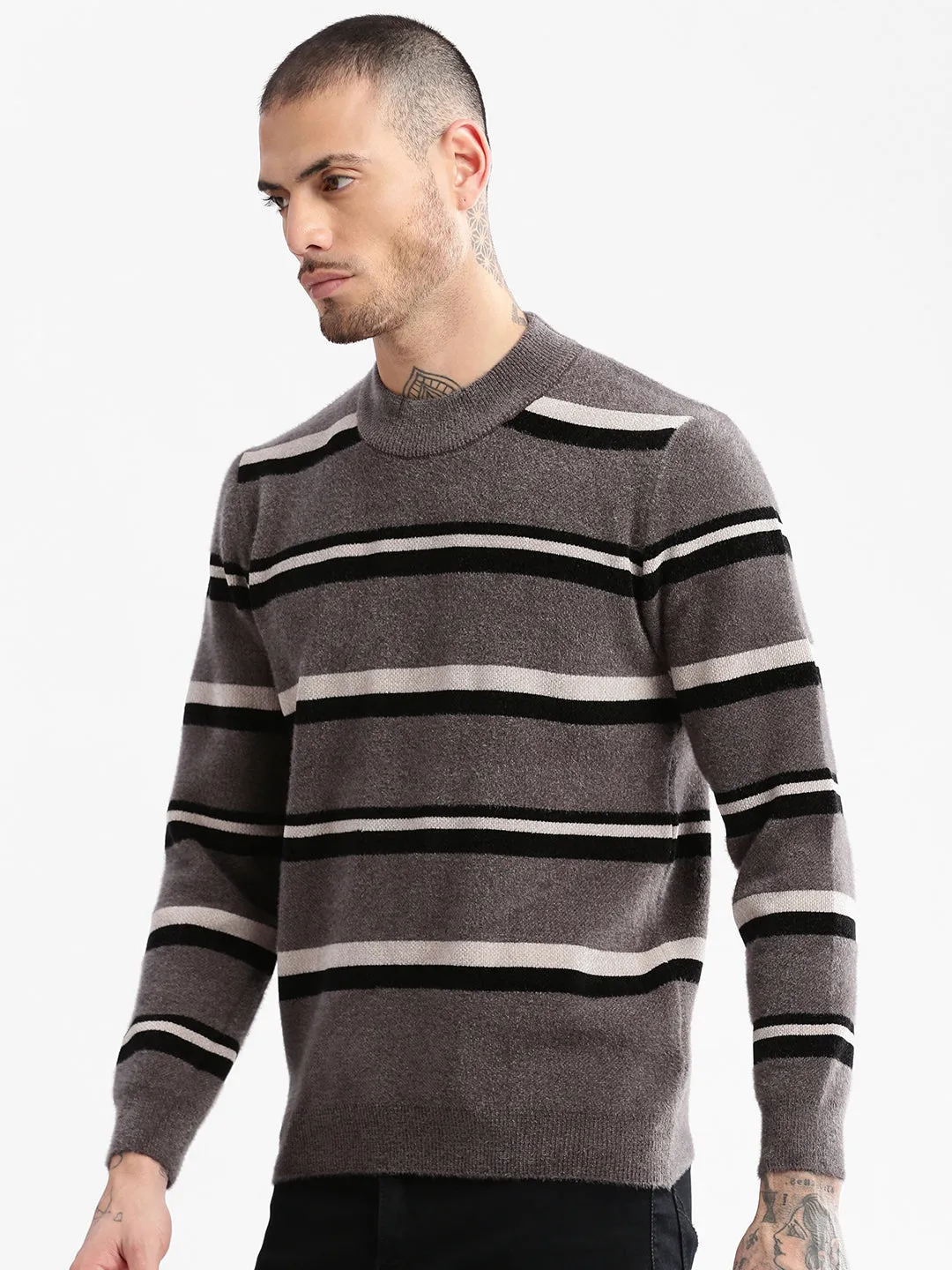 Men Round Neck Striped Grey Pullover