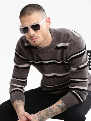 Men Round Neck Striped Grey Pullover