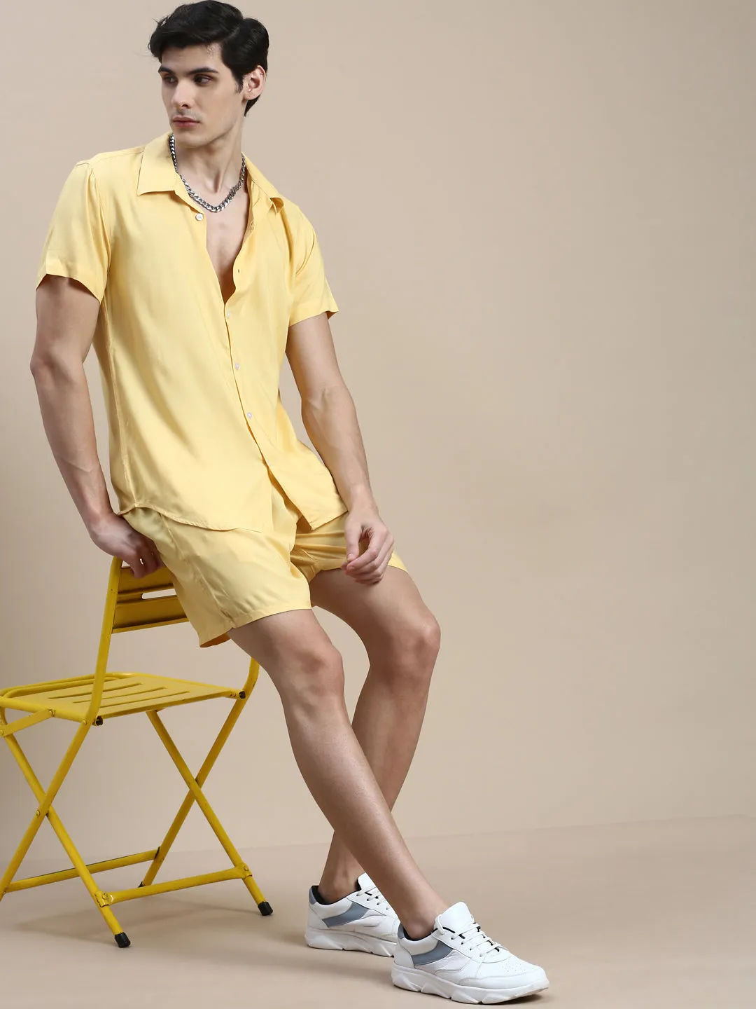 Men Yellow Solid Casual Co ord Set