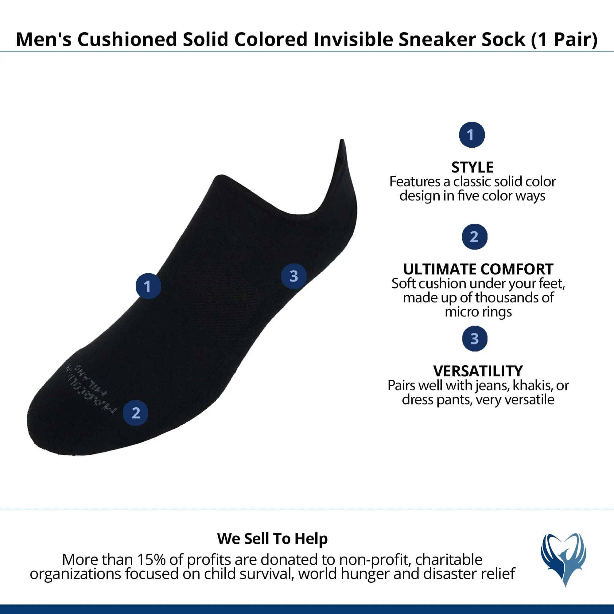 Men's Cushioned Solid Colored Invisible Sneaker Sock (1 Pair)