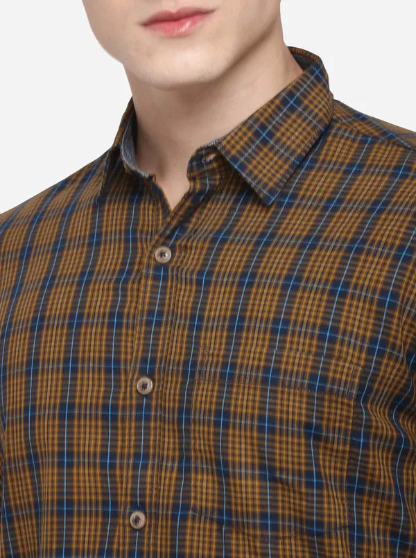 Mustard Yellow Regular Fit Checked Casual Shirt | Greenfibre