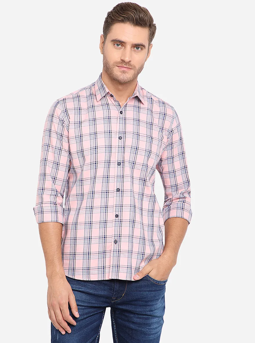 Peach & Blue Checked Slim Fit Semi Casual Shirt | Greenfibre