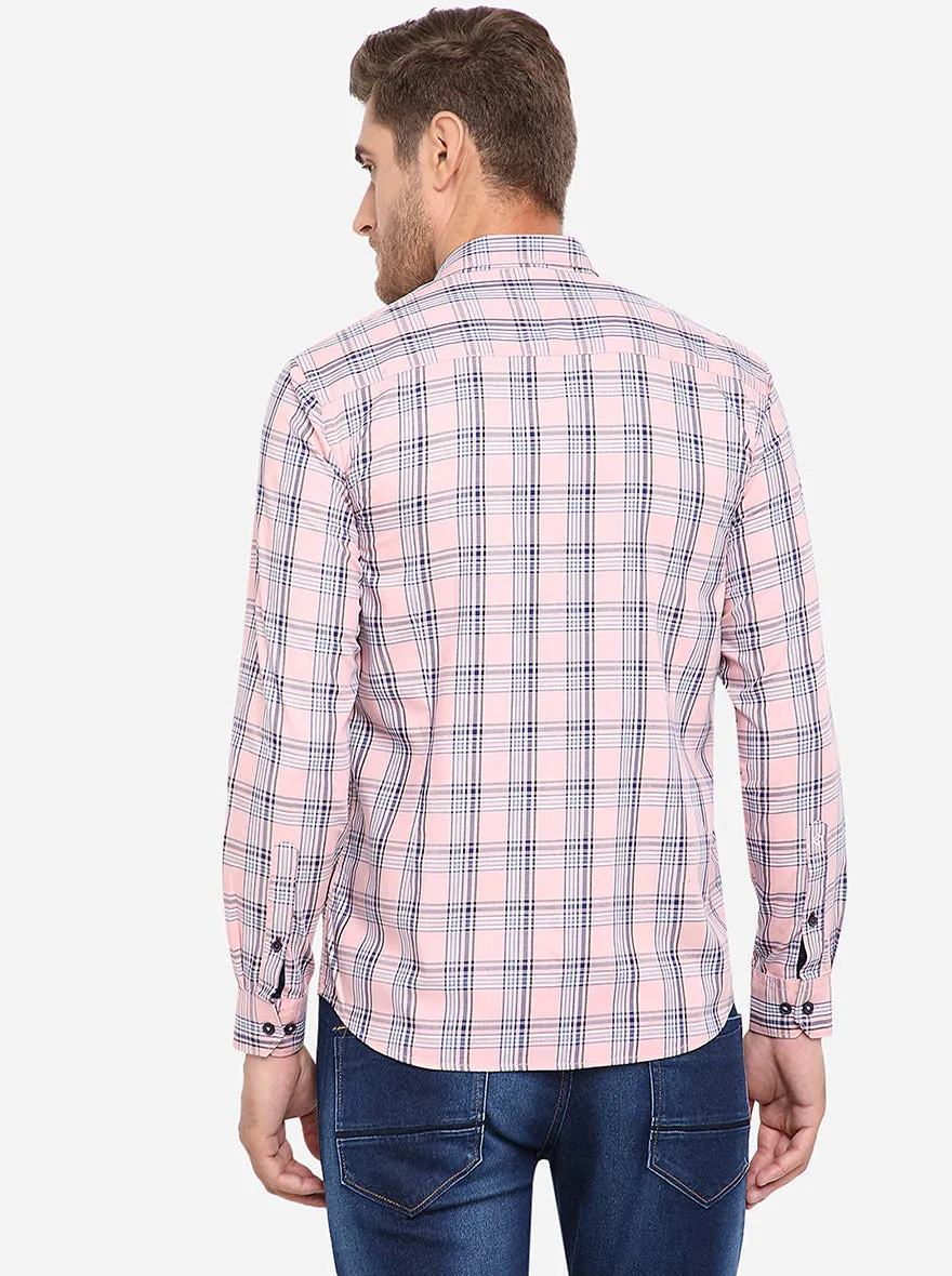 Peach & Blue Checked Slim Fit Semi Casual Shirt | Greenfibre