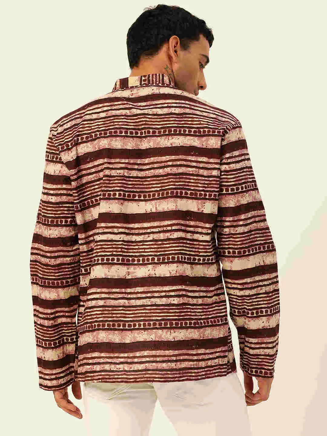 Premium Dark Brown & Pink Abstract Stripes Handblock Printed Short Kurta