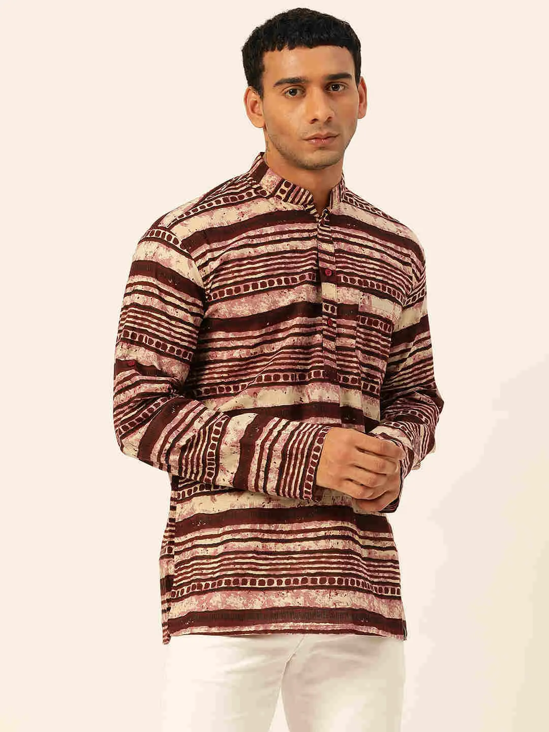 Premium Dark Brown & Pink Abstract Stripes Handblock Printed Short Kurta