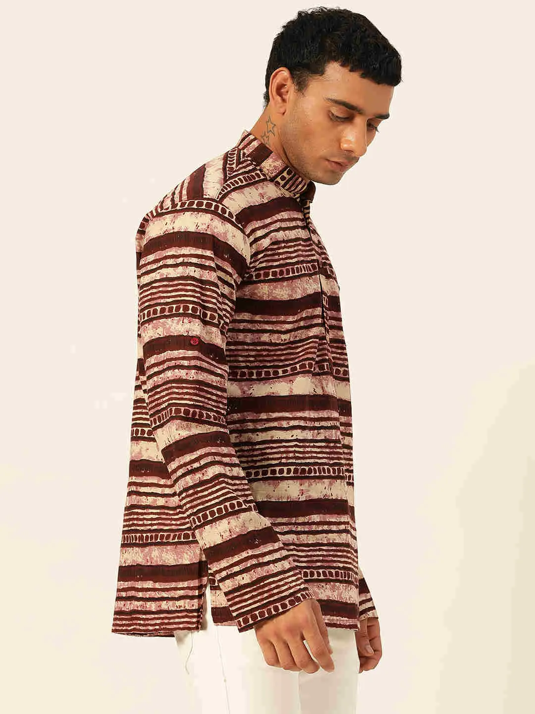 Premium Dark Brown & Pink Abstract Stripes Handblock Printed Short Kurta