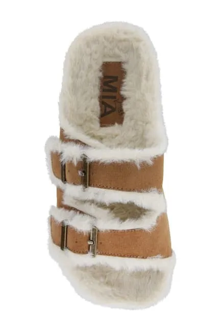 Rozy Faux Fur Dual Buckle Slide- Chestnut - Select Size