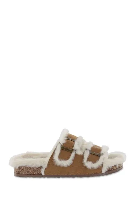 Rozy Faux Fur Dual Buckle Slide- Chestnut - Select Size