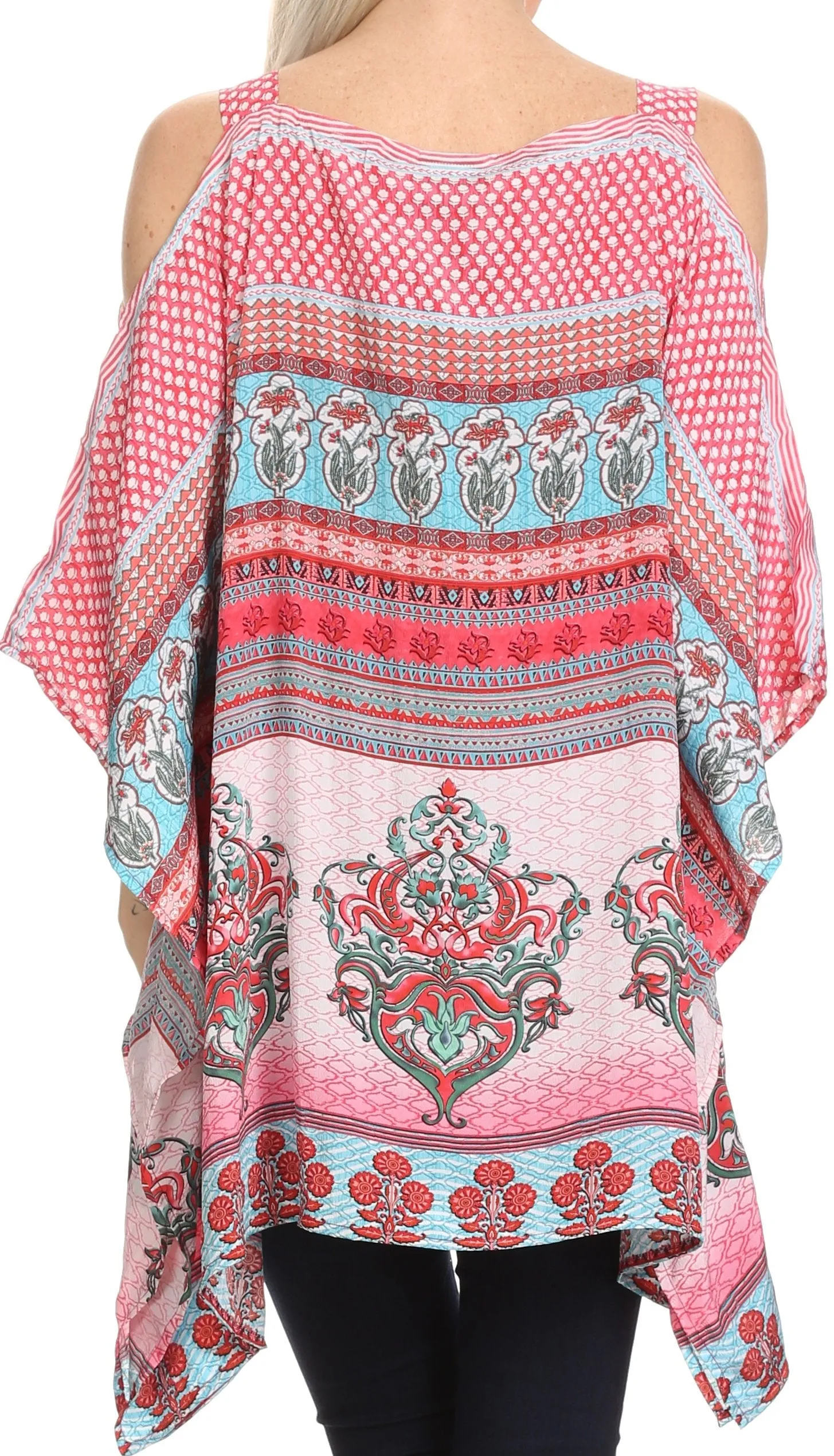 Sakkas Anya Printed Draped Short Sleeve Strap Cutout Shoulder V-Neck Kaftan Top