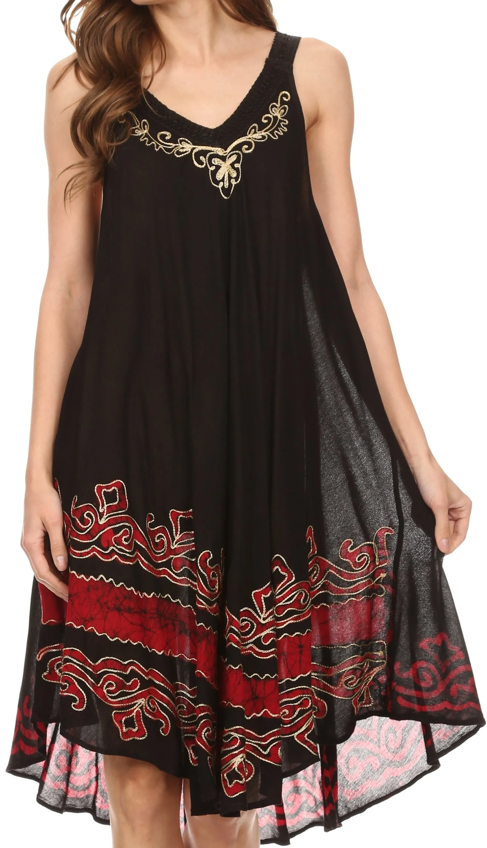 Sakkas Gasha Sleeveless Mid Length Caftan Dress With Embroidery Details And V Neck