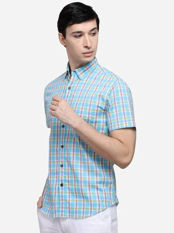 Sky Blue Slim Fit Checked Casual Shirt | Greenfibre