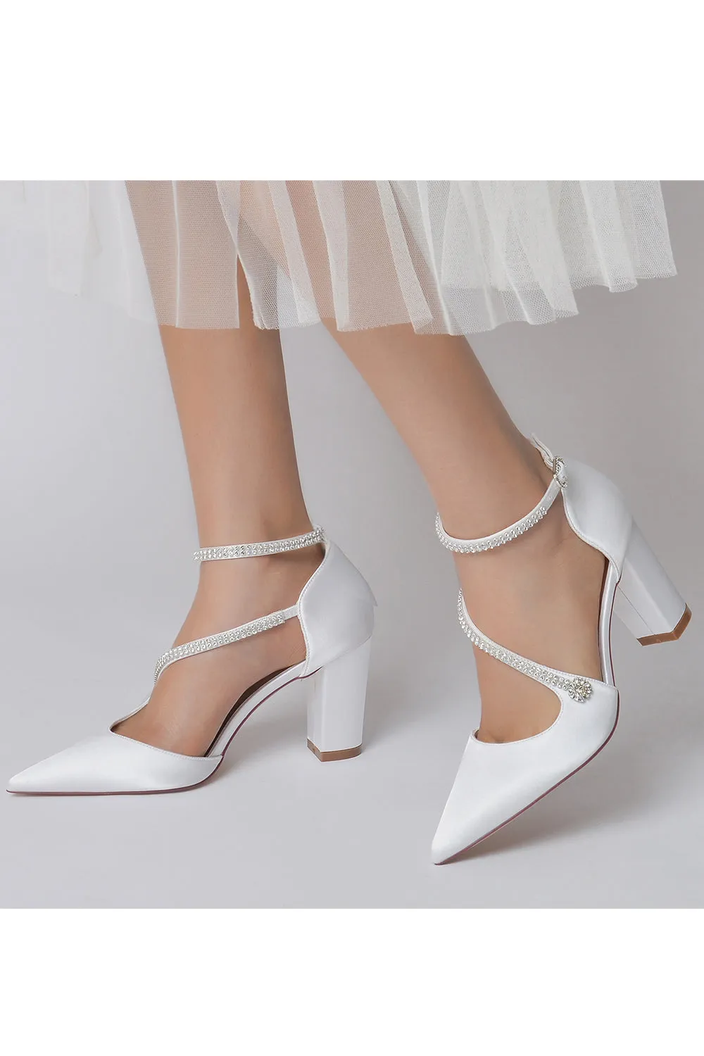 White Satin Pump with Cross-Strap and Beaded Buckle