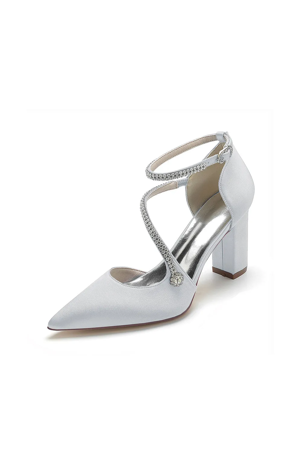 White Satin Pump with Cross-Strap and Beaded Buckle