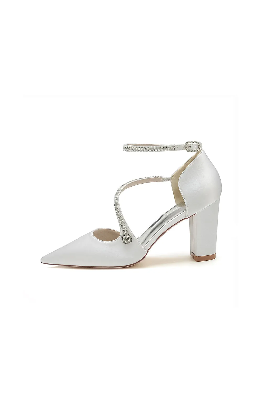 White Satin Pump with Cross-Strap and Beaded Buckle