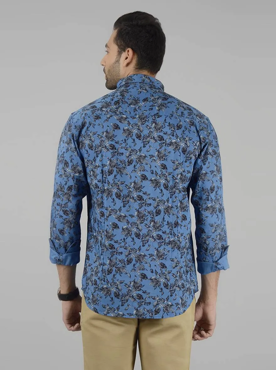 Yale Blue Printed Slim Fit Casual Shirt | Greenfibre